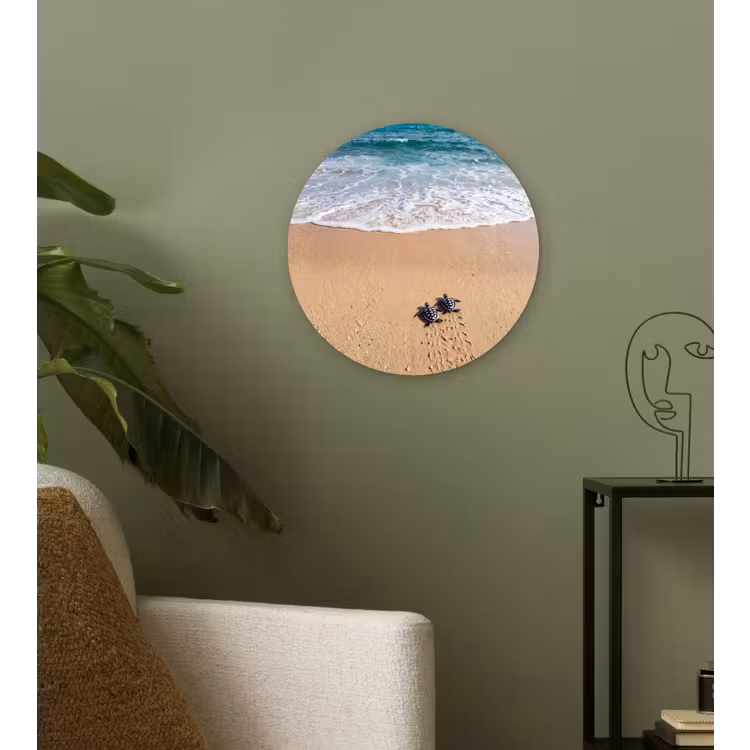 Schildpad - Jong - Strand - Oceaan - Blauw Wandcirkel kunststof plaat 5mm dik klein -sfeer3