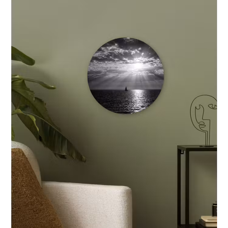 Water - Boot - Lucht - Natuur - Zwart-wit Wandcirkel kunststof plaat 5mm dik klein -sfeer3