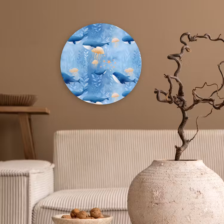 Walvissen - Oceaan - Blauw Wandcirkel kunststof plaat 5mm dik klein 188 -sfeer1