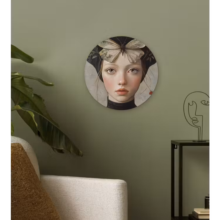 Woman - Butterfly - Art - Classic - Muted Wandcirkel kunststof plaat 5mm dik klein -sfeer3