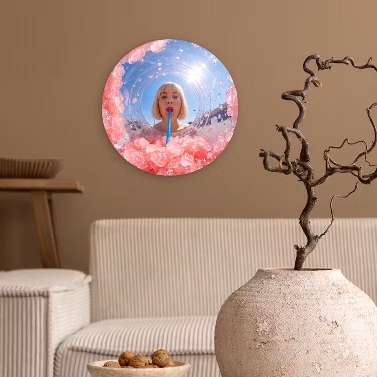 Vrouw - Drank - Zomer - Roze - Blauw Wandcirkel kunststof plaat 5mm dik klein -sfeer1