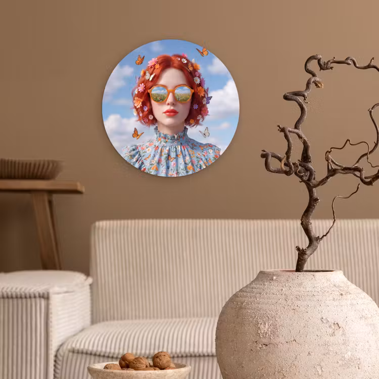 Vrouw - Bloemen - Zomer - Portret - Kleurrijk Wandcirkel kunststof plaat 5mm dik klein -sfeer1