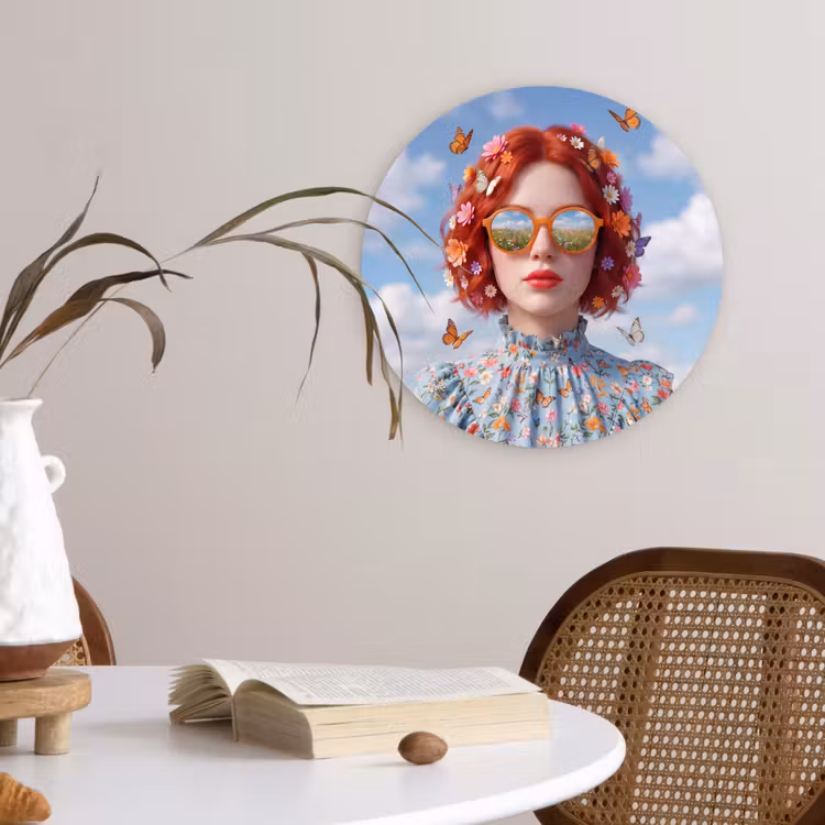 Vrouw - Bloemen - Zomer - Portret - Kleurrijk Wandcirkel kunststof plaat 5mm dik klein -sfeer4
