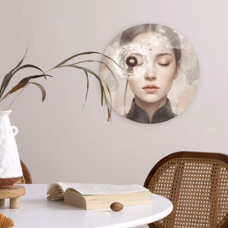 Vrouw - Sereen - Grijs Wandcirkel kunststof plaat 5mm dik klein -sfeer4