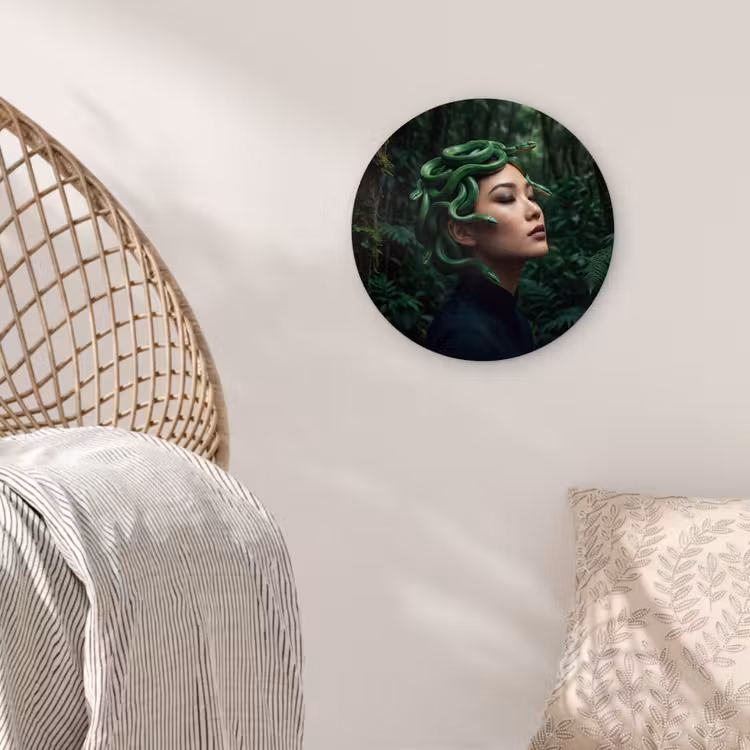 Vrouw - Slang - Natuur - Mystiek - Groen Wandcirkel kunststof plaat 5mm dik klein -sfeer5