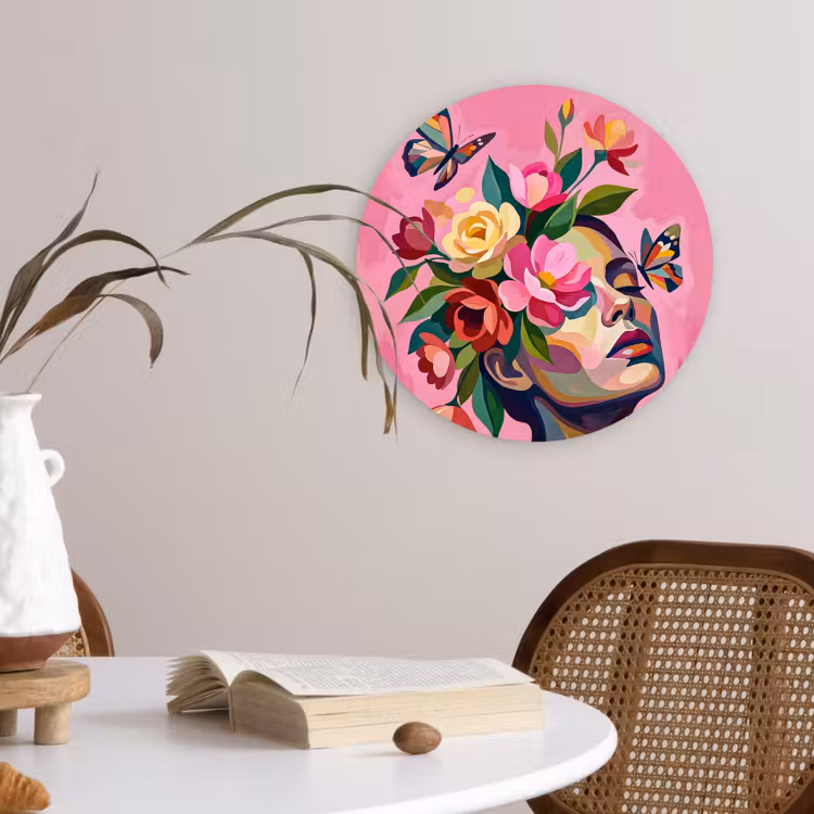 Vrouwengezicht - Vlinders - Kleurrijk Wandcirkel kunststof plaat 5mm dik klein -sfeer4