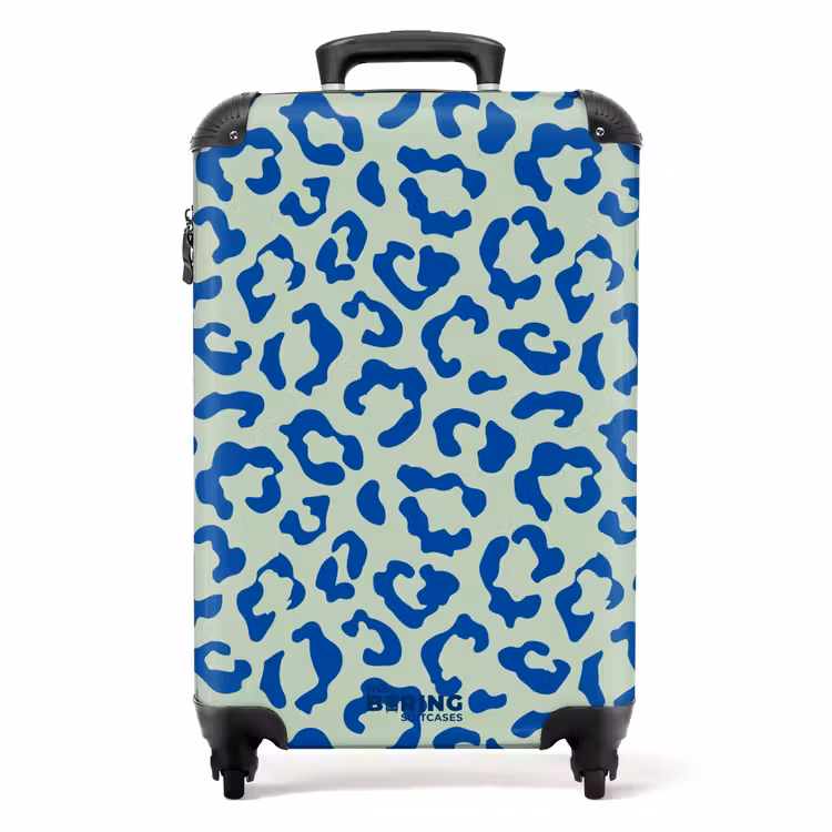 Dierenprints - Panterprint koffer in blauw en pastelgroen NBS - Handbagage koffer - Unisex middel -productfoto_recht