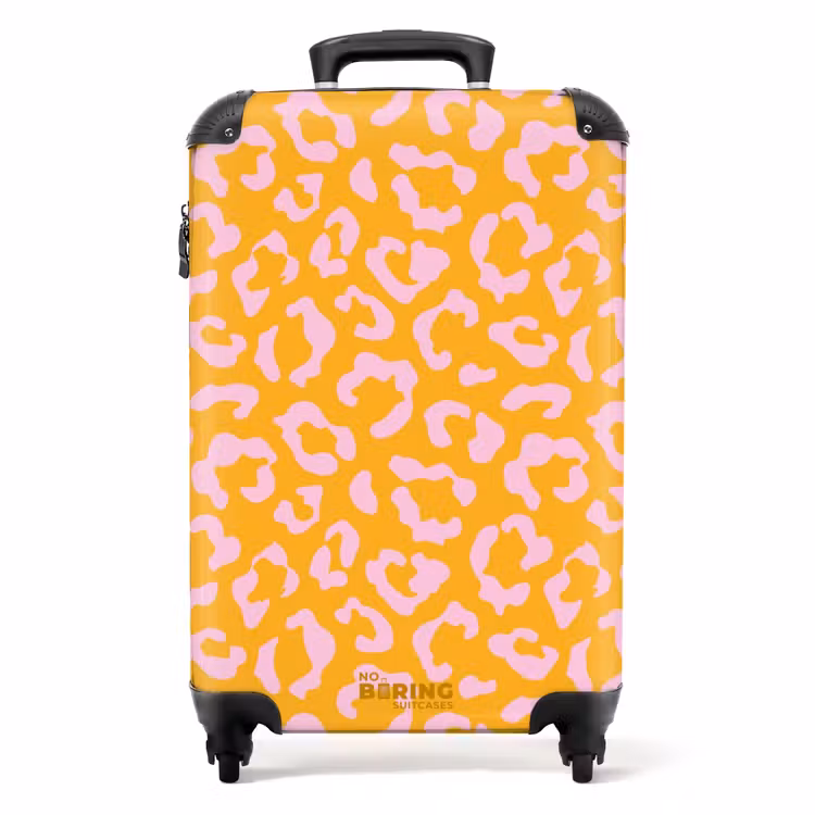 Dierenprints - Panterprint koffer in oranje-geel en lichtroze NBS - Handbagage koffer - Unisex middel -productfoto_recht
