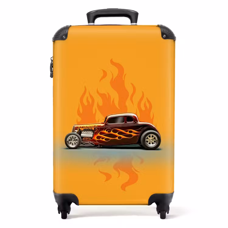 Bruine auto met gele vlammen NBS - Handbagage koffer - Unisex middel -productfoto_recht