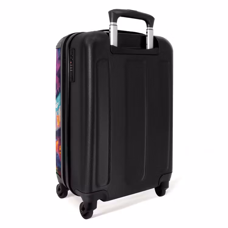 Kat met jas in kleurrijke stad NBS - Handbagage koffer - Unisex middel -achterkant