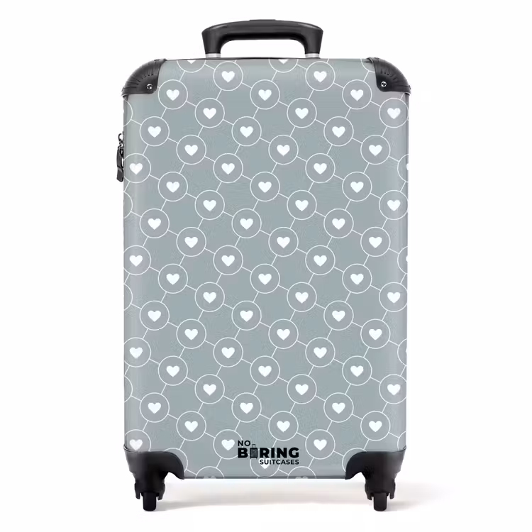 Grijsgroene achtergrond met witte hartjes NBS - Handbagage koffer - Volwassenen Unisex middel -productfoto_recht