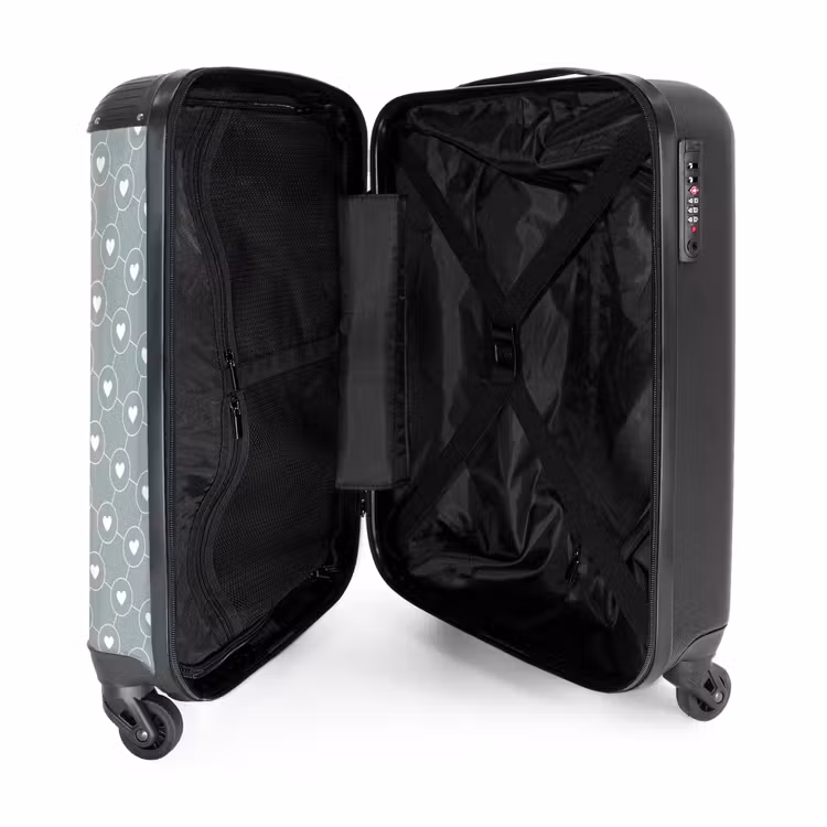 Grijsgroene achtergrond met witte hartjes NBS - Handbagage koffer - Volwassenen Unisex middel -binnenkant