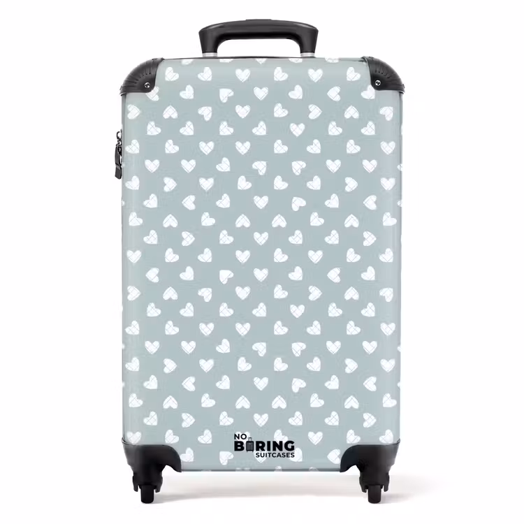 Grijsgroene achtergrond met witte hartjes NBS - Handbagage koffer - Volwassenen Unisex middel -productfoto_recht