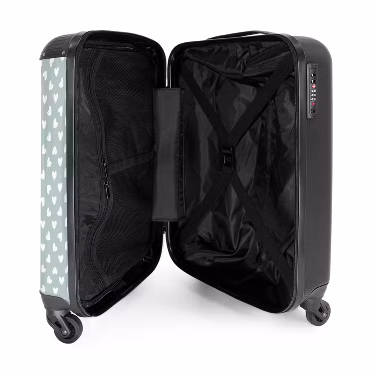 Grijsgroene achtergrond met witte hartjes NBS - Handbagage koffer - Volwassenen Unisex middel -binnenkant