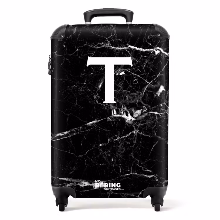 Letter T - Marmer look - Zwart NBS - Handbagage koffer - Unisex middel -productfoto_recht