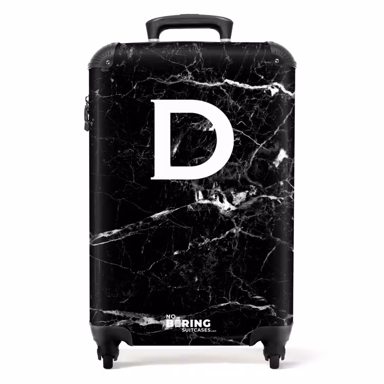 Marmerlook - Zwart - Letter D - Marmer NBS - Handbagage koffer - Unisex middel -productfoto_recht