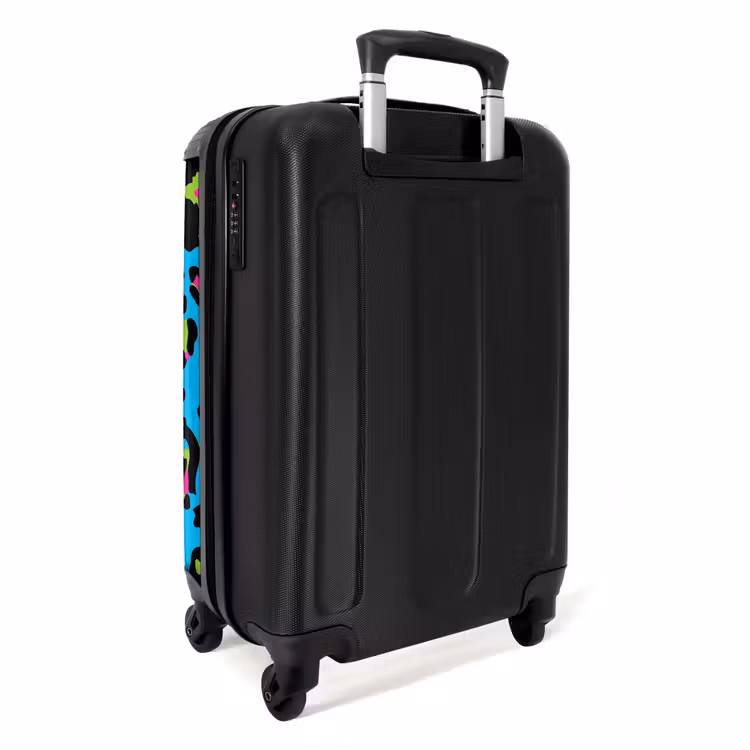Pantermotief in neonkleuren op blauwe achtergrond NBS - Handbagage koffer - Volwassenen Unisex middel -achterkant