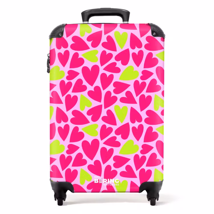 Roze en limoengroene hartjes op lichtroze achtergrond NBS - Handbagage koffer - Volwassenen Unisex middel -productfoto_recht