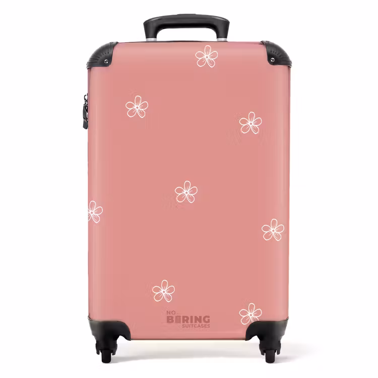 Roze achtergrond met witte bloemen NBS - Handbagage koffer - Unisex middel -productfoto_recht