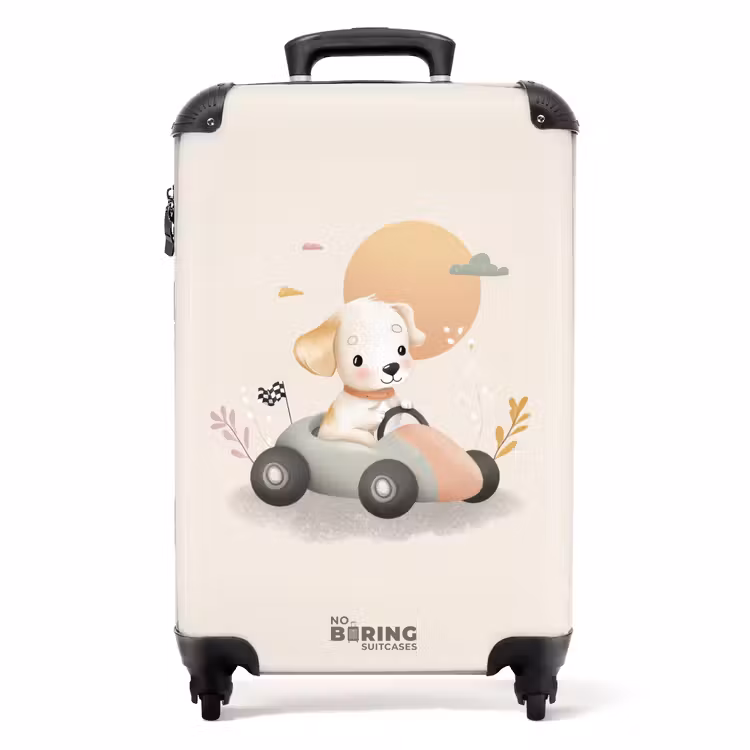 Puppy in een raceauto in beige kleuren NBS - Handbagage koffer - Volwassenen Unisex middel -productfoto_recht