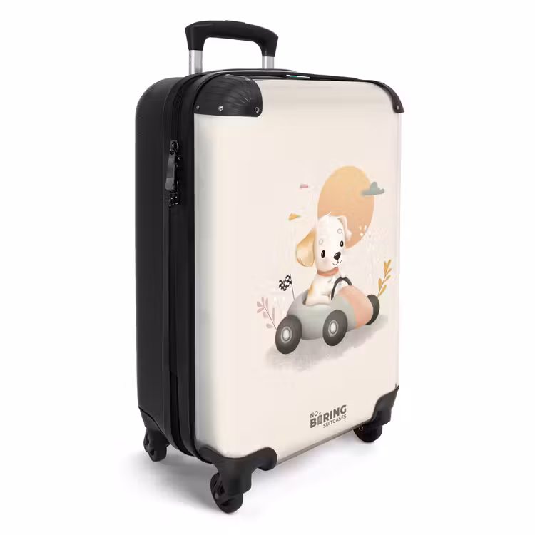 Puppy in een raceauto in beige kleuren NBS - Handbagage koffer - Volwassenen Unisex middel -productfoto_3d