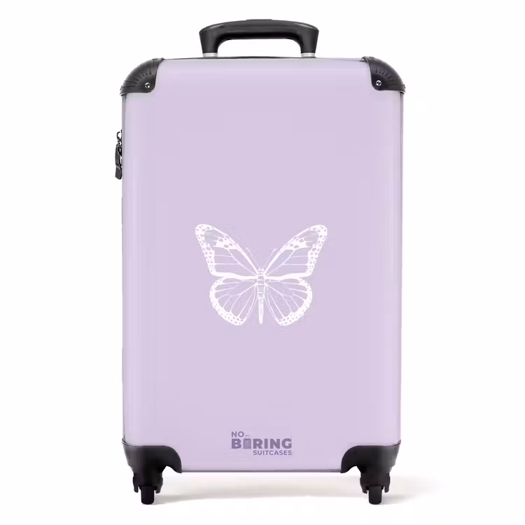 Paarse achtergrond met witte vlinder NBS - Handbagage koffer - Unisex middel -productfoto_recht