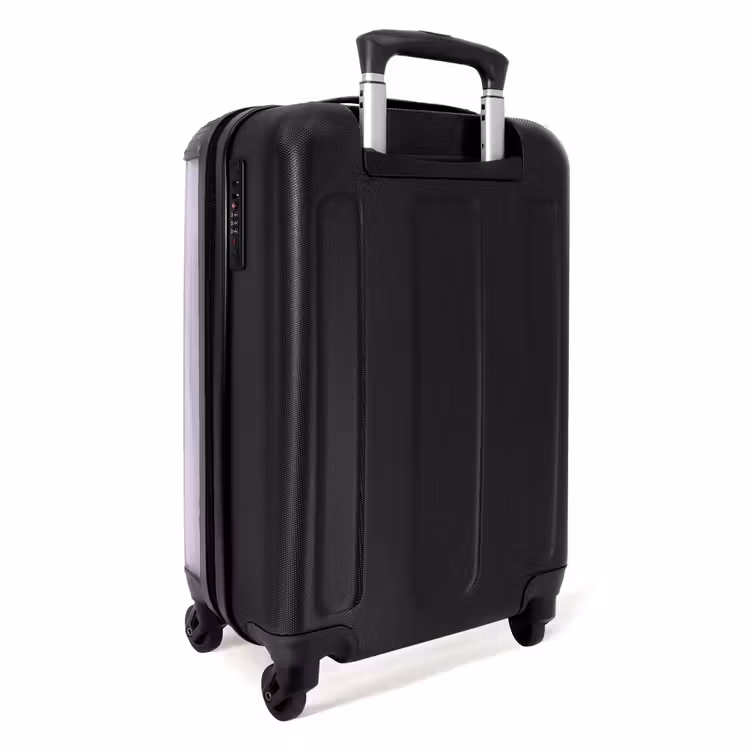 Paarse achtergrond met witte vlinder NBS - Handbagage koffer - Unisex middel -achterkant