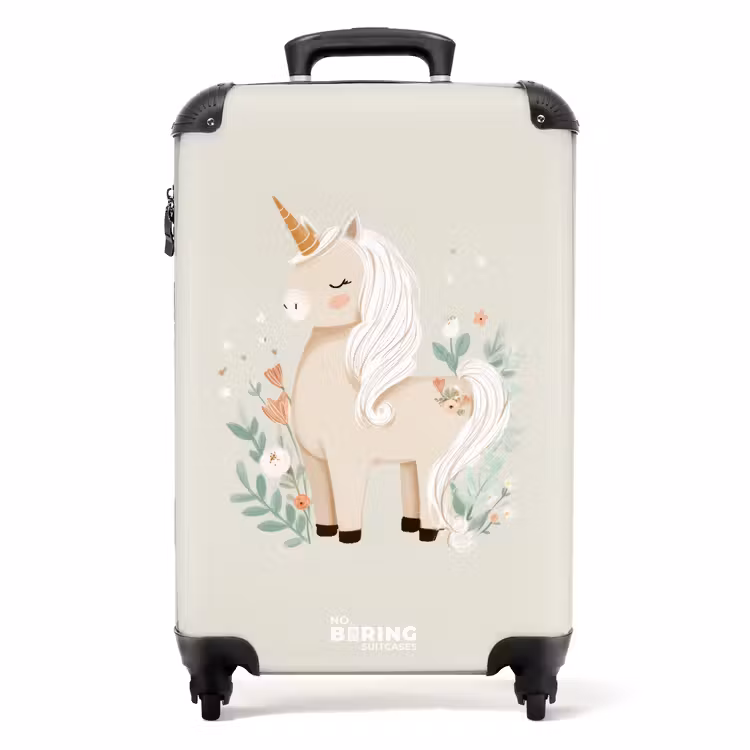 Eenhoorn tussen bloemen in beige kleuren NBS - Handbagage koffer - Volwassenen Unisex middel -productfoto_recht