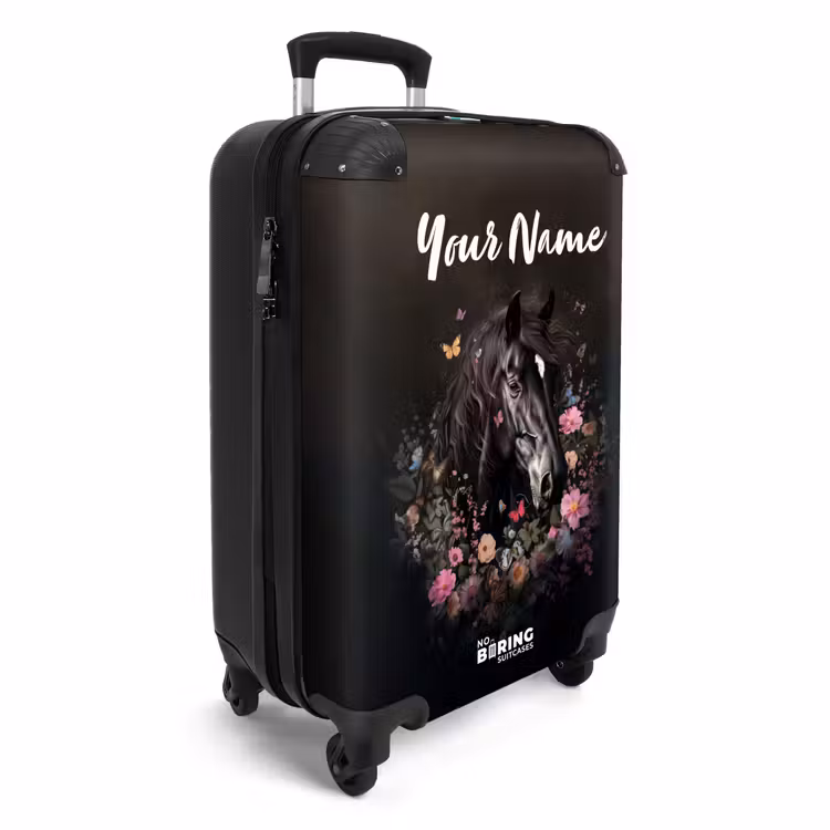 Zwart paard met witte bles en kleurrijke bloemen NBS - Handbagage koffer - Kinderen Unisex middel -productfoto_3d