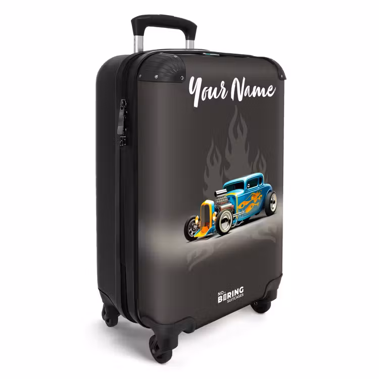 Blauwe auto met grijze vlammen NBS - Handbagage koffer - Kinderen Unisex middel -productfoto_3d