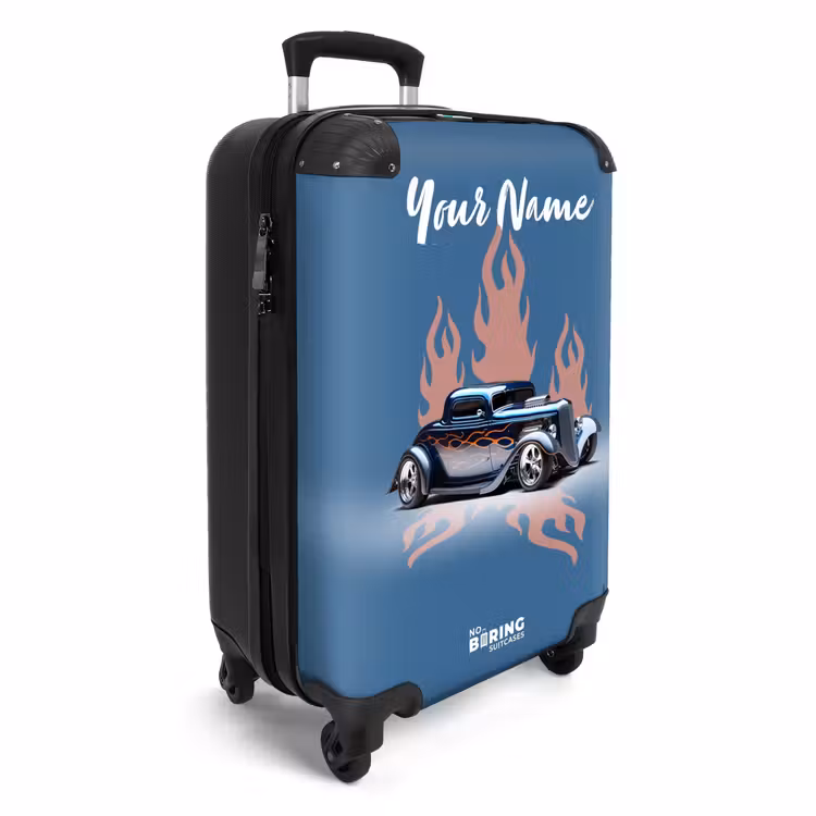Blauwe auto met roze vlammen NBS - Handbagage koffer - Kinderen Unisex middel -productfoto_3d