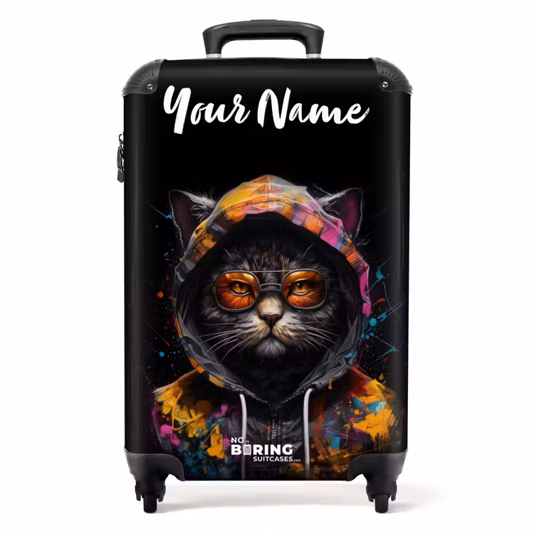 Kat met Kleurrijk Vest en Oranje Bril NBS - Handbagage koffer - Kinderen Unisex middel -productfoto_recht