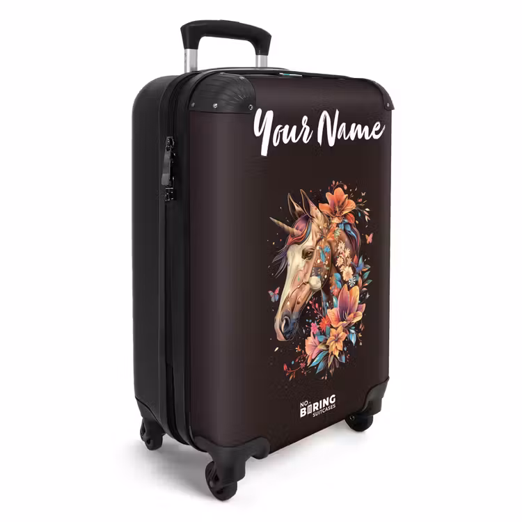 Eenhoorn en Bloemen op Zwarte Achtergrond NBS - Handbagage koffer - Kinderen Unisex middel -productfoto_3d