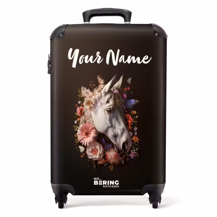 Wit paardenhoofd tussen kleurrijke bloemenkrans NBS - Handbagage koffer - Kinderen Unisex middel -productfoto_recht