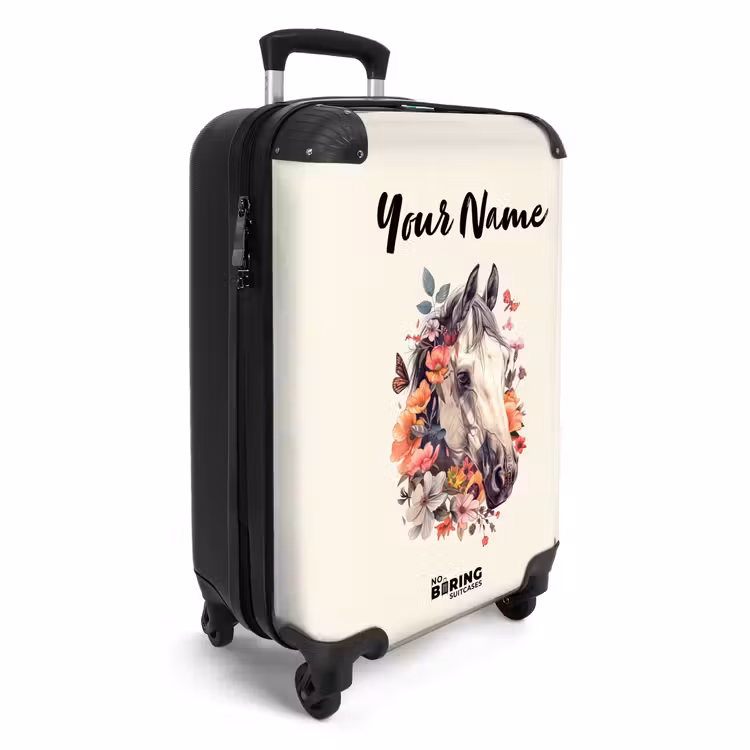 Wit paardenhoofd omringd door bloemen en vlinders NBS - Handbagage koffer - Kinderen Unisex middel -productfoto_3d