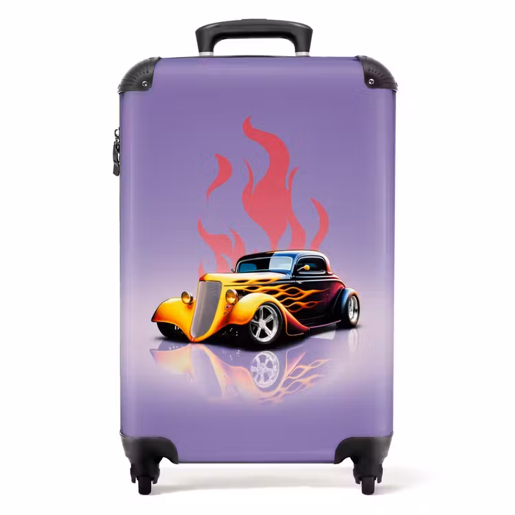 Gele auto met roze vlammen NBS - Handbagage koffer - Unisex middel -productfoto_recht