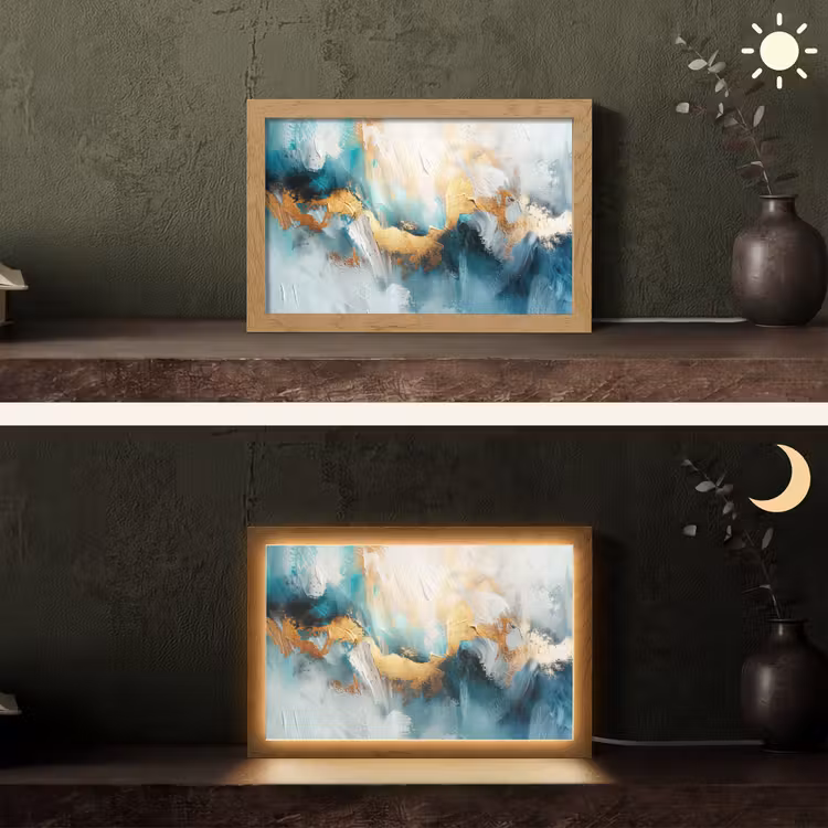 Abstract - Kunst - Gold - Blauw Light Box met kabel (Tafellamp) klein -sfeer3