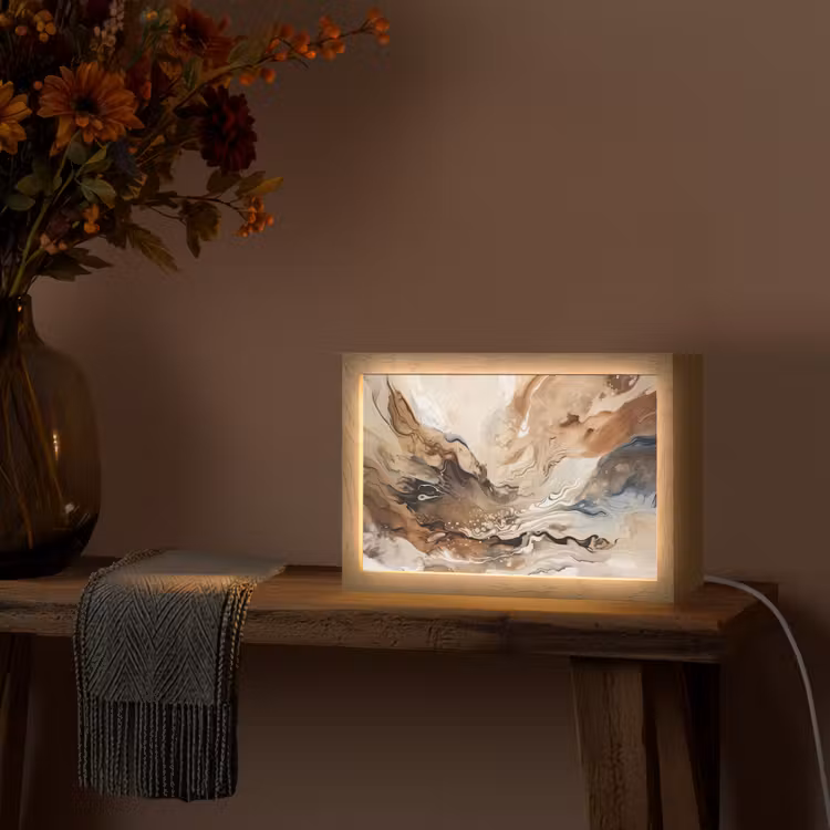 Abstract - Kunst - Verf - Beige - Modern Light Box met kabel (Tafellamp) klein -sfeer4