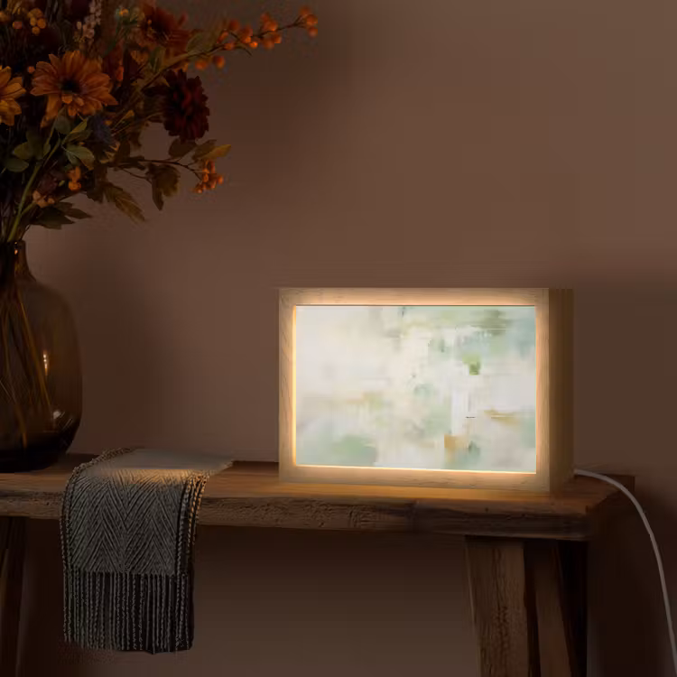 Abstract - Kunst - Wit - Groen - Modern Light Box met kabel (Tafellamp) klein -sfeer4