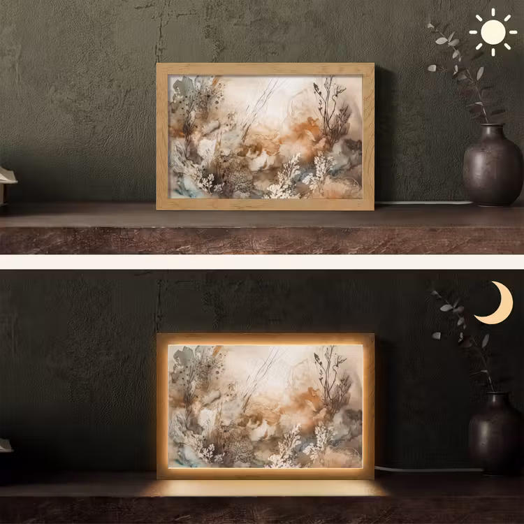 Abstract - Beige - Verf - Kunst - Natuur - Bloemen Light Box met kabel (Tafellamp) klein -sfeer3