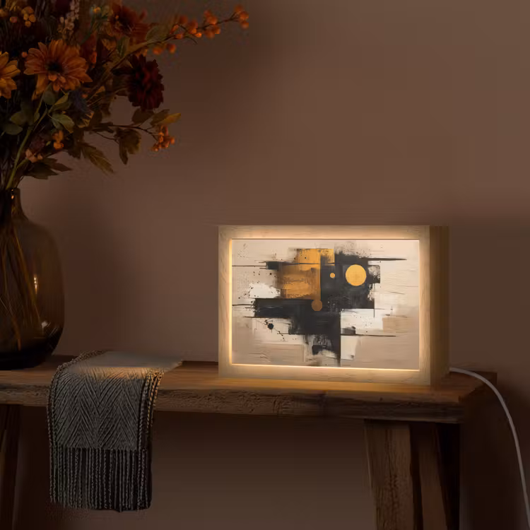 Abstract - Zwart - Goud - Modern Light Box met kabel (Tafellamp) klein -sfeer4