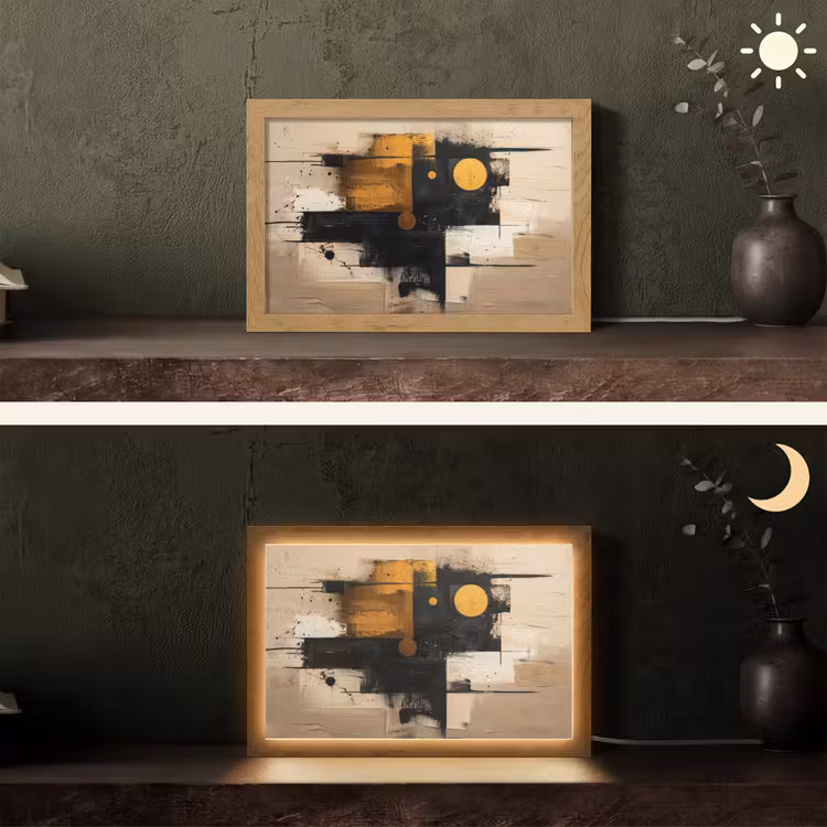 Abstract - Zwart - Goud - Modern Light Box met kabel (Tafellamp) klein -sfeer3