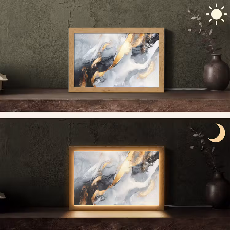 Abstract - Goud - Verf - Aesthetic - Art Light Box met kabel (Tafellamp) klein -sfeer3