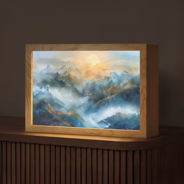 Abstract - Landschap - Bergen - Blauw - Modern Light Box met kabel (Tafellamp) klein -z3d_website
