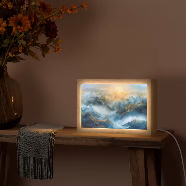 Abstract - Landschap - Bergen - Blauw - Modern Light Box met kabel (Tafellamp) klein -sfeer4