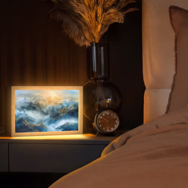 Abstract - Landschap - Bergen - Blauw - Modern Light Box met kabel (Tafellamp) klein -sfeer1