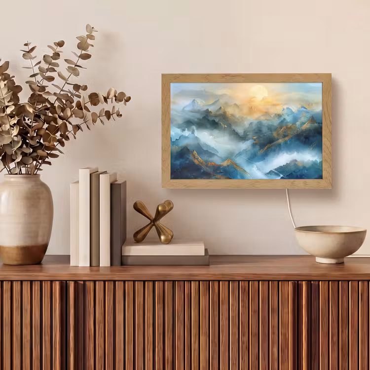 Abstract - Landschap - Bergen - Blauw - Modern Light Box met kabel (Tafellamp) klein -sfeer2