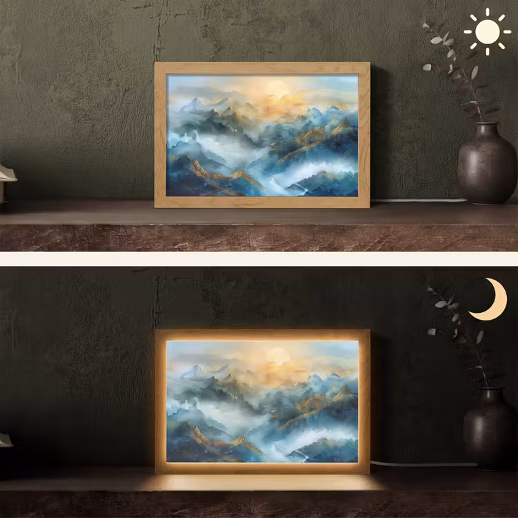 Abstract - Landschap - Bergen - Blauw - Modern Light Box met kabel (Tafellamp) klein -sfeer3