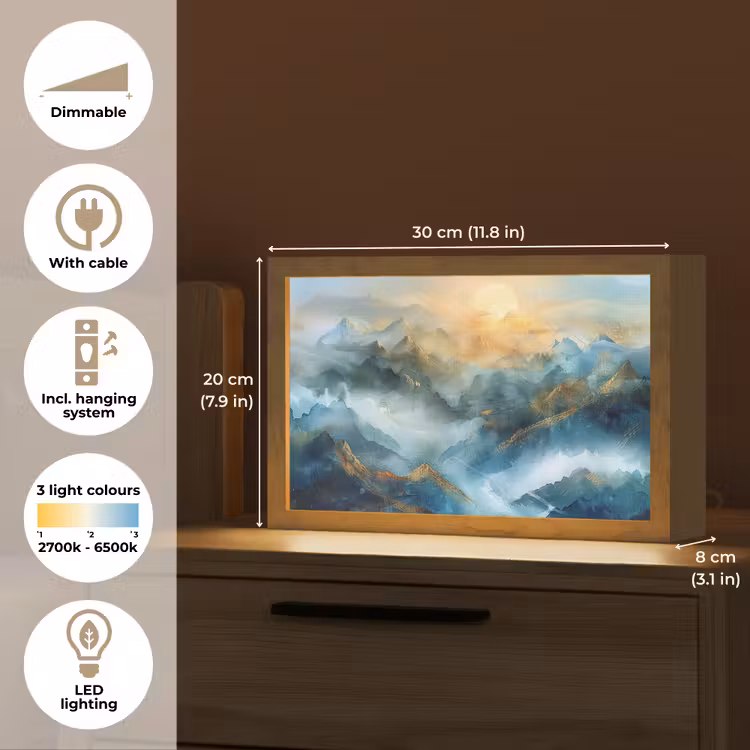Abstract - Landschap - Bergen - Blauw - Modern Light Box met kabel (Tafellamp) klein -USP_EN