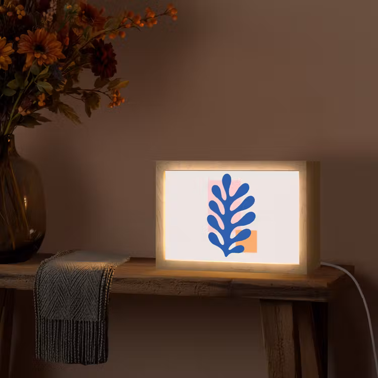Abstract - Blad - Blauw - Rechthoeken Light Box met kabel (Tafellamp) klein -sfeer4
